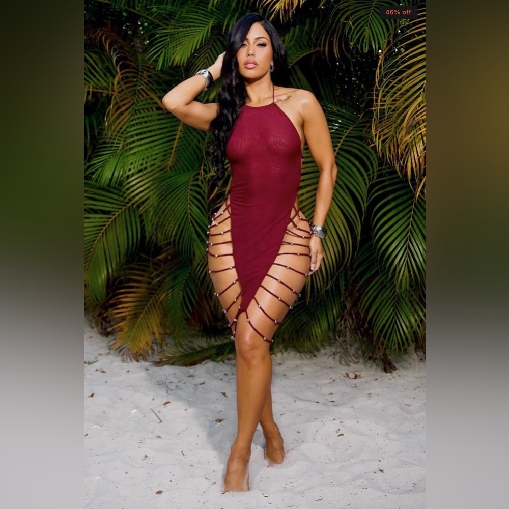Burgundy Halter Dress with Cutout Sides